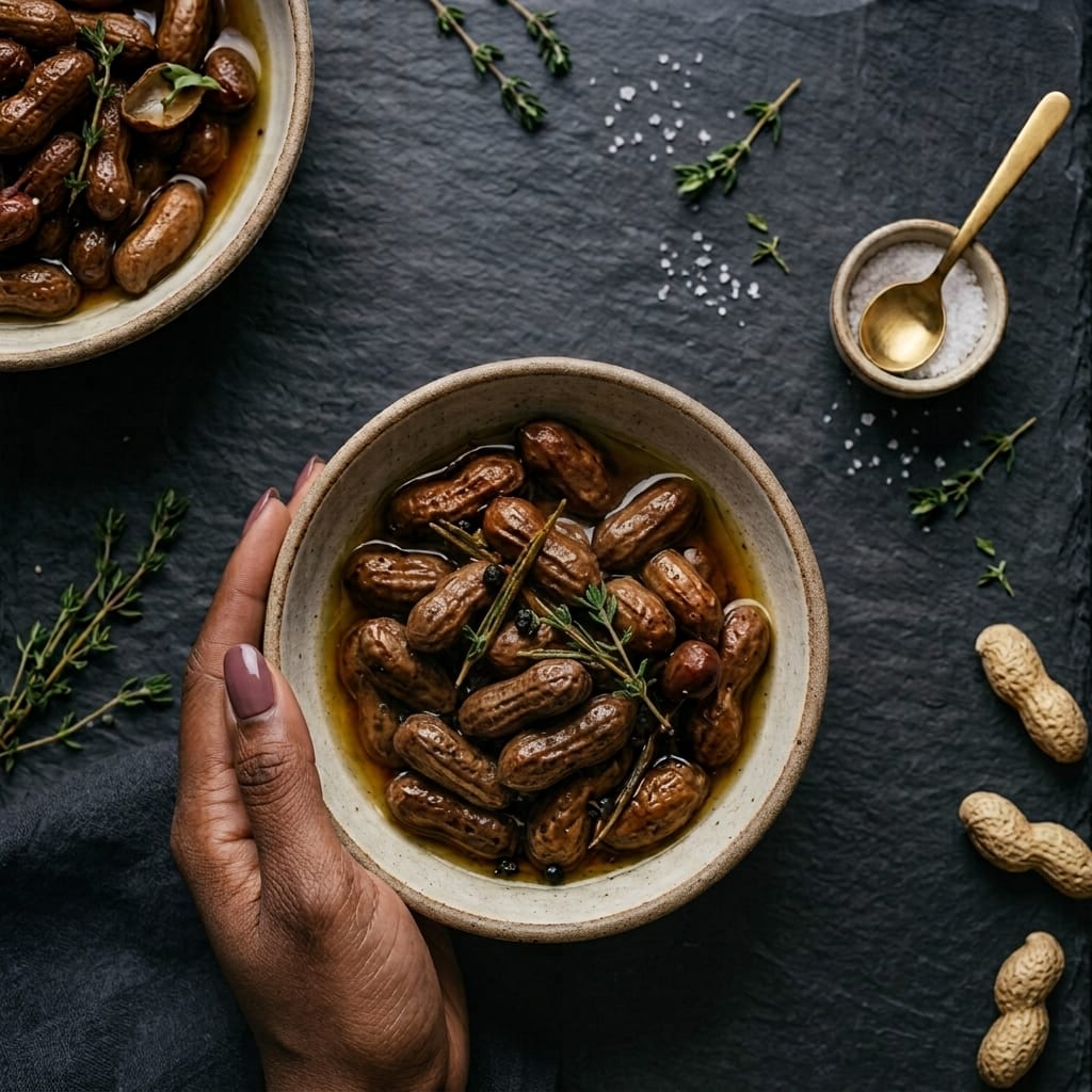 Bowl of Classique boiled peanuts in seasoned broth with rosemary and thyme