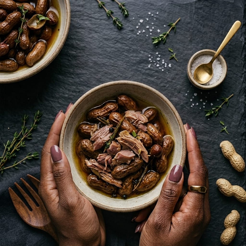 Hands holding a bowl of Dinde boiled peanuts with shredded turkey