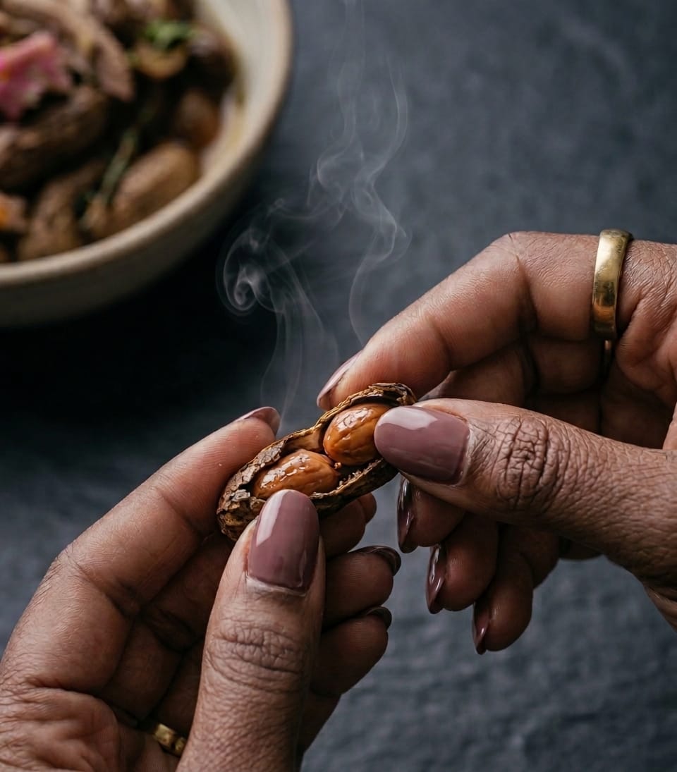 Hands cracking open a steaming boiled peanut above a bowl of the boil