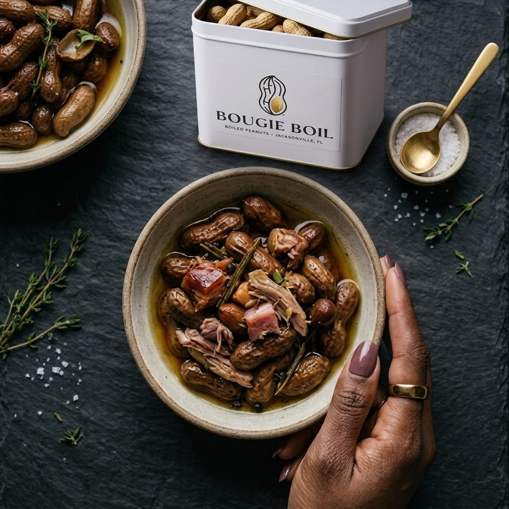 A white Bougie Boil tin of raw peanuts above a bowl of boiled peanuts on dark slate
